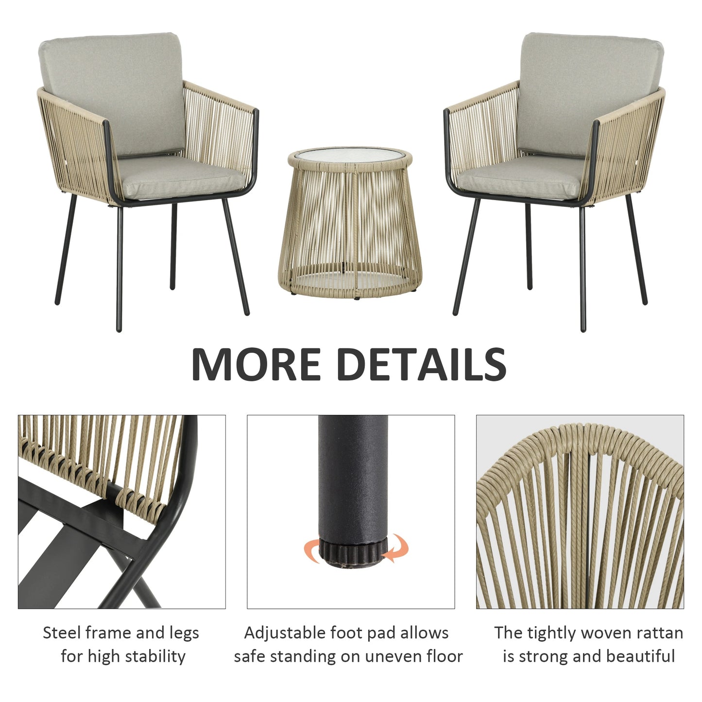 3 Piece Outdoor Patio Bistro Set, Wicker Rattan Furniture with Metal Legs for Garden, Backyard, Coffee and Light Grey Bistro Sets at Gallery Canada