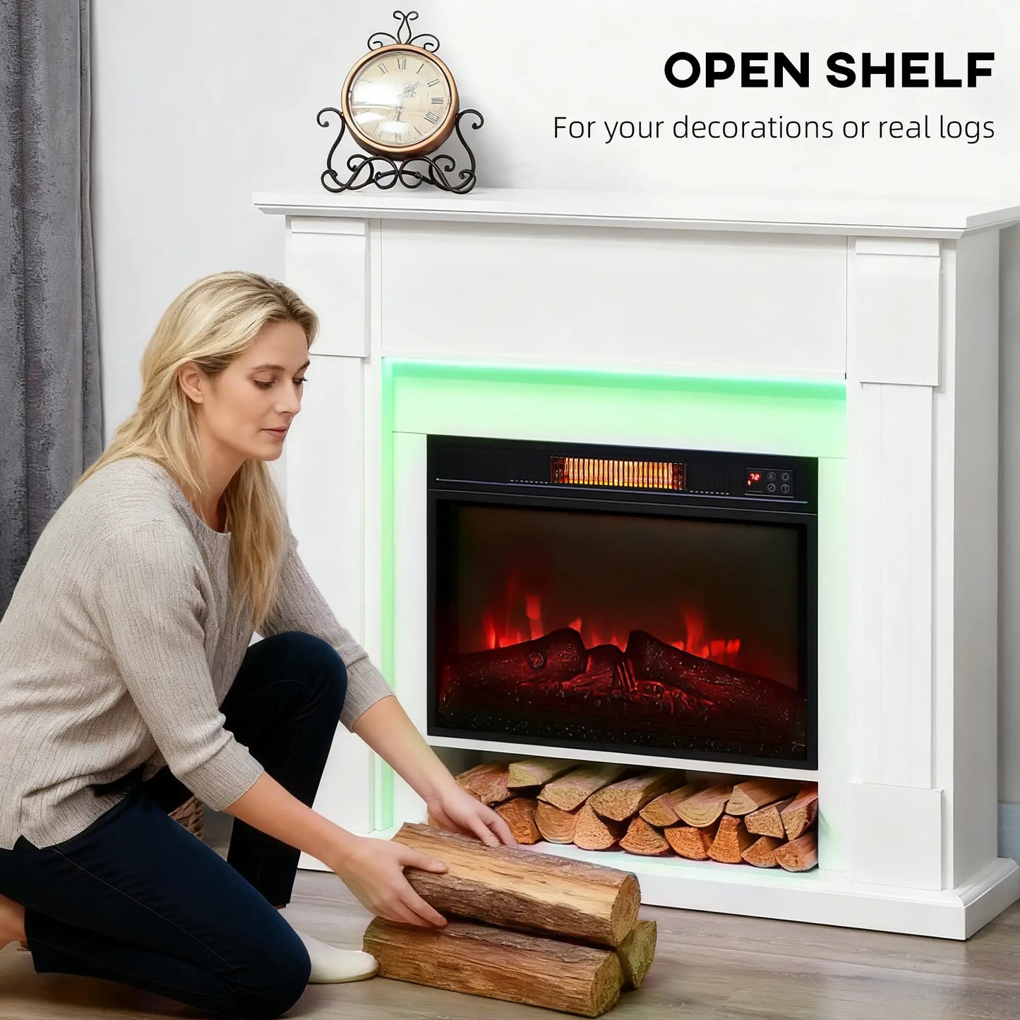 41 Inch Electric Fireplace with Mantel, 1400W Heater, Adjustable 3D Flame, White Electric Fireplaces at Gallery Canada