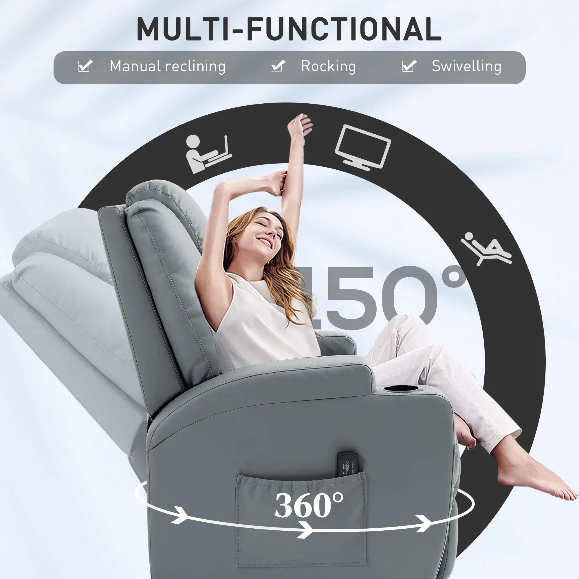 Massage Recliner Chair Leather Swivel Rocker Manual Reclining Chair with 8 Vibration Points, Cup Holders, Light Grey Single Sofas at Gallery Canada