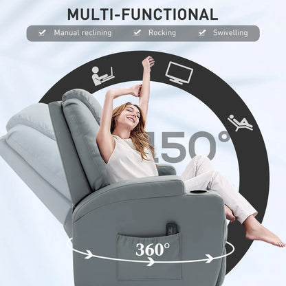 Massage Recliner Chair Leather Swivel Rocker Manual Reclining Chair with 8 Vibration Points, Cup Holders, Light Grey Single Sofas at Gallery Canada