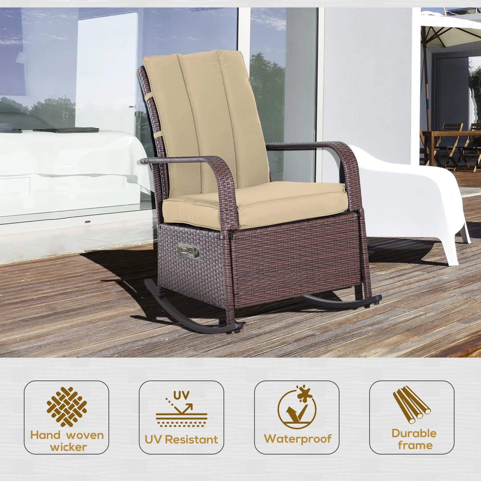 Outdoor Wicker Rocking Chair, PE Rattan Recliner with Cushion, Adjustable Footrest, Khaki Outdoor Rocking Chairs at Gallery Canada