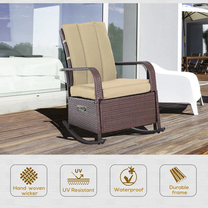 Outdoor Wicker Rocking Chair, PE Rattan Recliner with Cushion, Adjustable Footrest, Khaki Outdoor Rocking Chairs at Gallery Canada
