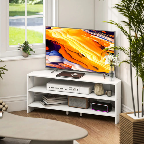 Corner TV Stand, Modern Table with 2 Shelves for 47 Inch TV, White