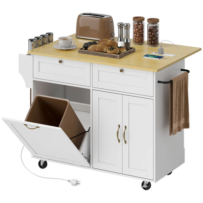 Kitchen Island Cart with Charging Station, Drop Leaf, Trash Can Cabinet, White Kitchen Islands & Kitchen Carts White, Natural at Gallery Canada