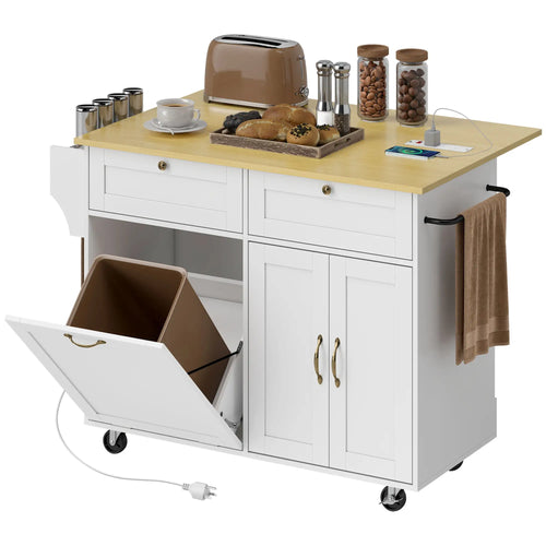Kitchen Island Cart with Charging Station, Drop Leaf, Trash Can Cabinet, White