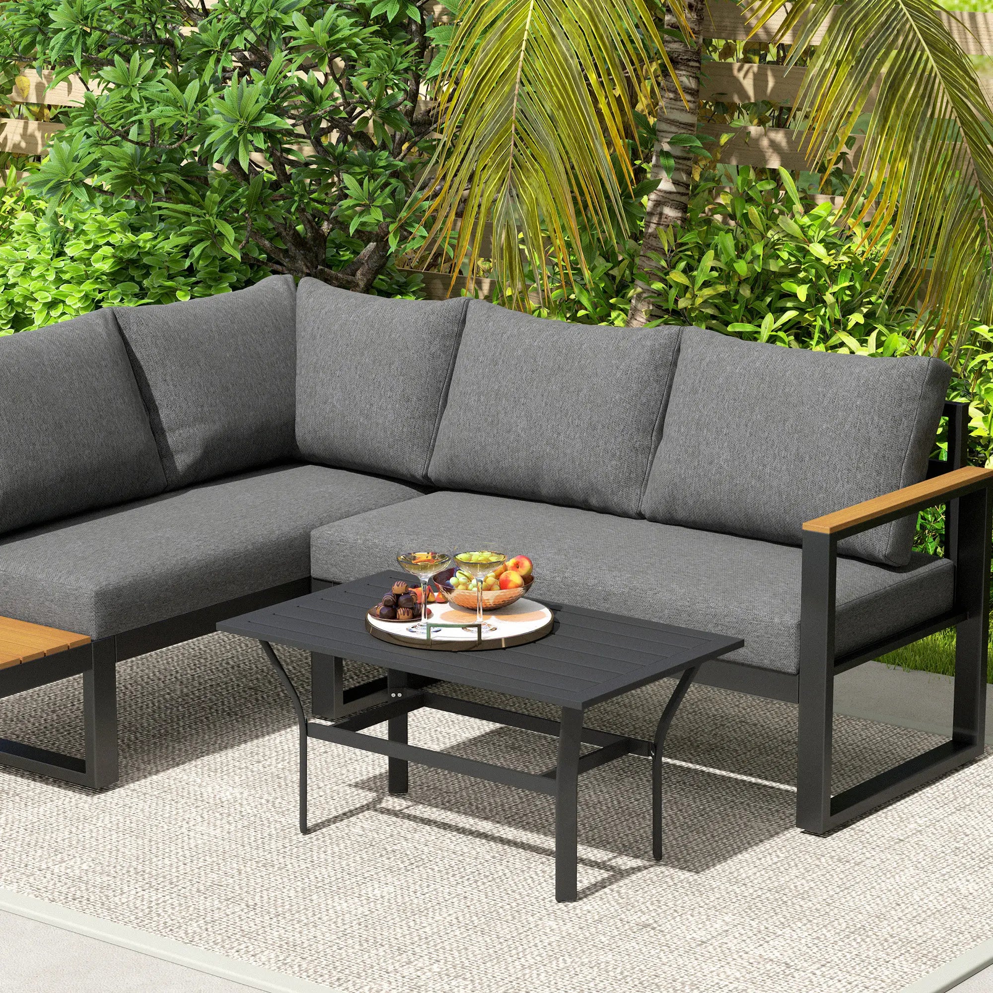 Outdoor Side Table, Slatted Tabletop, Metal Patio Coffee Table, Black Patio Side Tables at Gallery Canada