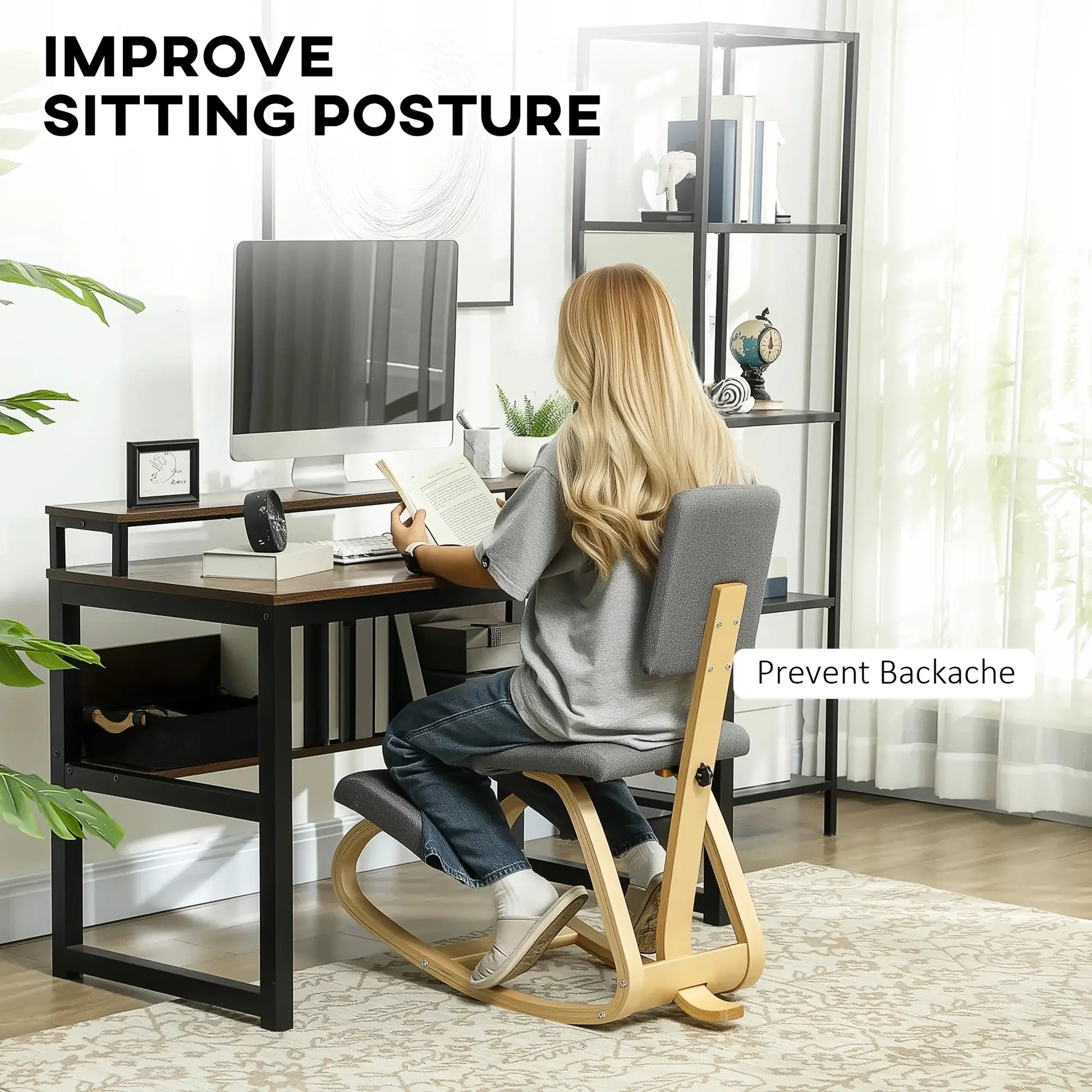 Ergonomic Kneeling Chair, Rocking Wood Kneel Stool with Backrest for Improve Posture, Back Pain, Grey Office Chairs at Gallery Canada