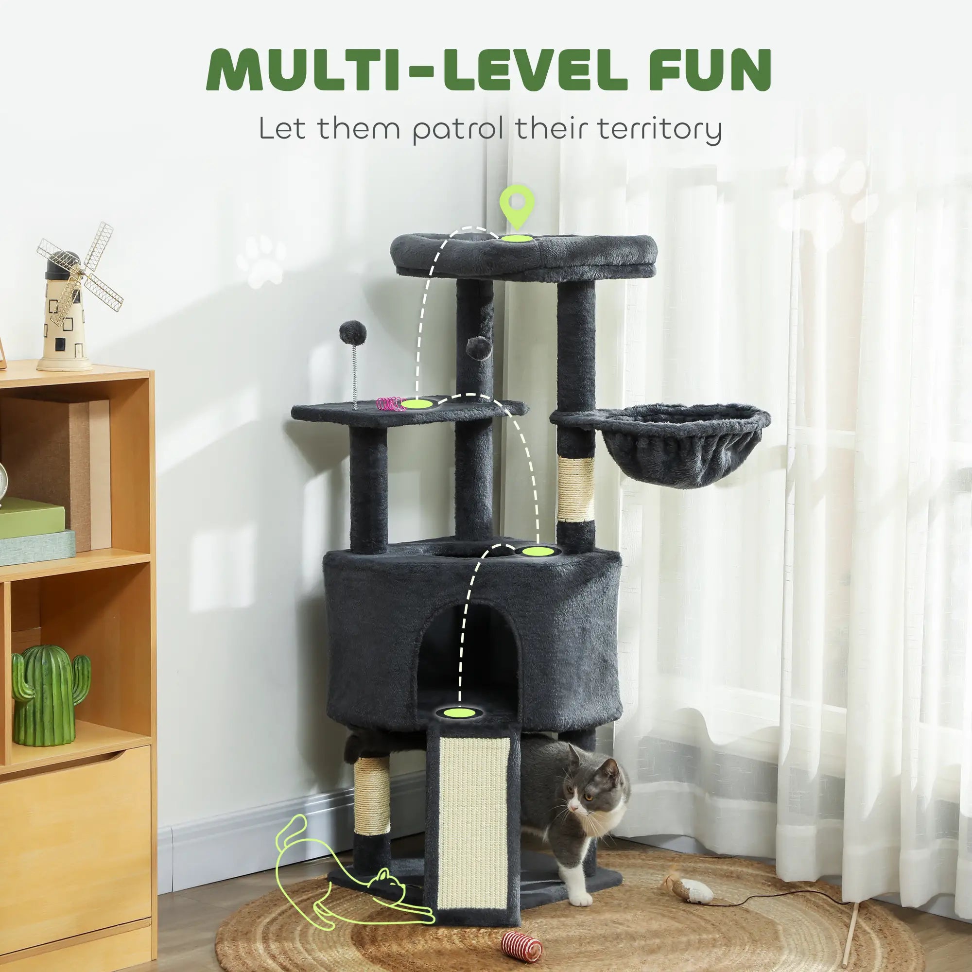 47 Inch Cat Tree, Condo, Bed, Scratching Posts, Hammock, Dark Grey Cat Trees at Gallery Canada