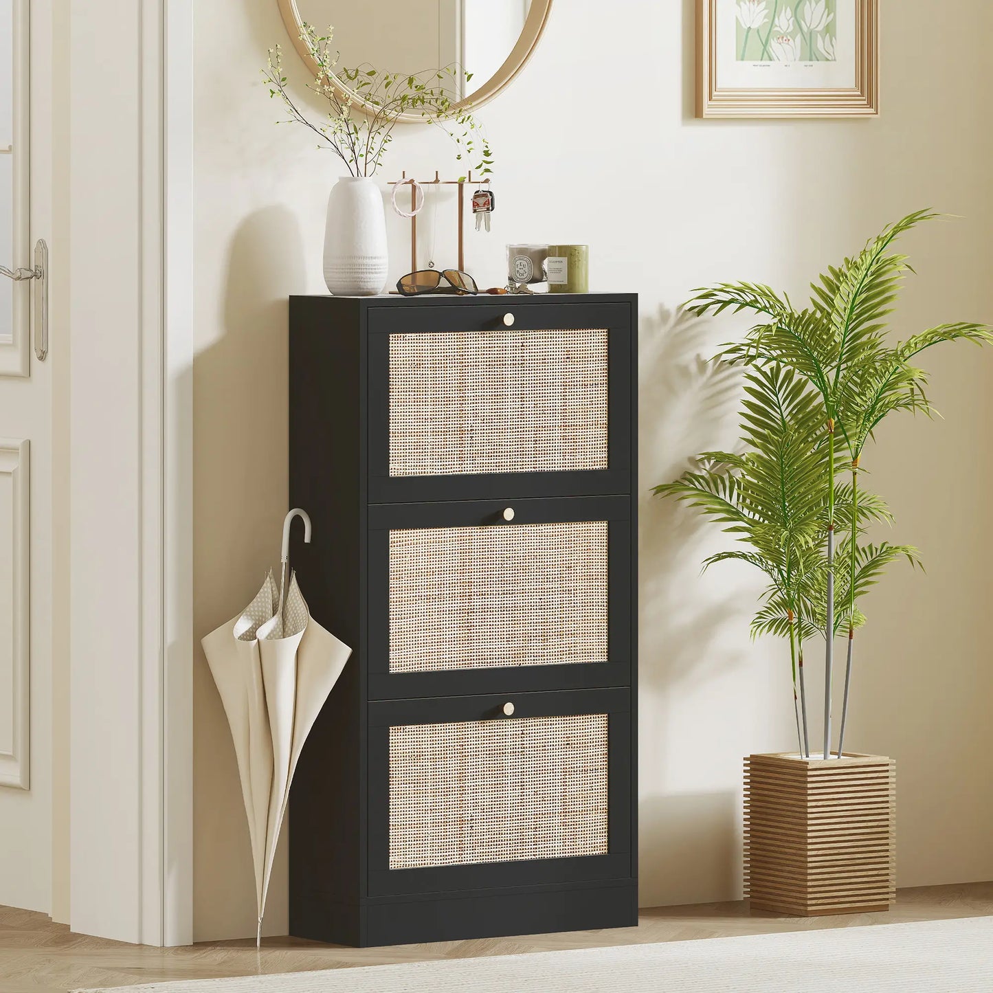 Rattan Shoe Storage Cabinet, 3 Flip Drawers, Adjustable Shelves, 18 Pairs, Black Shoe Storage Cabinets & Racks at Gallery Canada