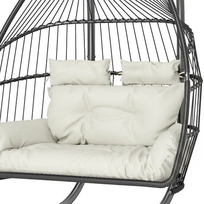 Double Wicker Egg Swing Chair, Foldable with Stand, UV Resistant Cushion, Cream White Patio Swings with Stand at Gallery Canada