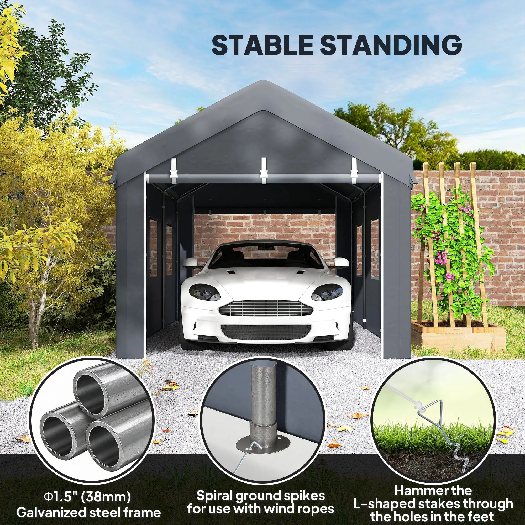 10' x 20' Heavy Duty Portable Garage, 6 Mesh Windows, 2 Doors, Dark Grey Car Shelters at Gallery Canada