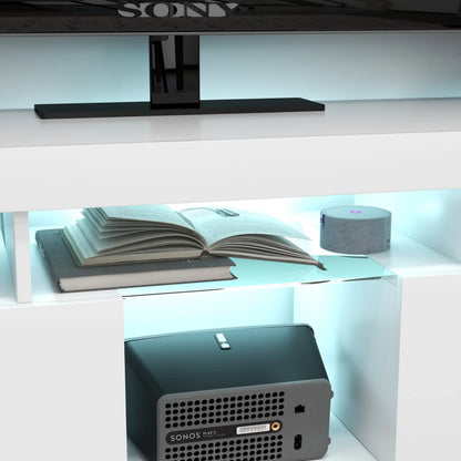 Support TV Moderne avec Rangement, Lumières LED, 55", Haute brillance, Blanc