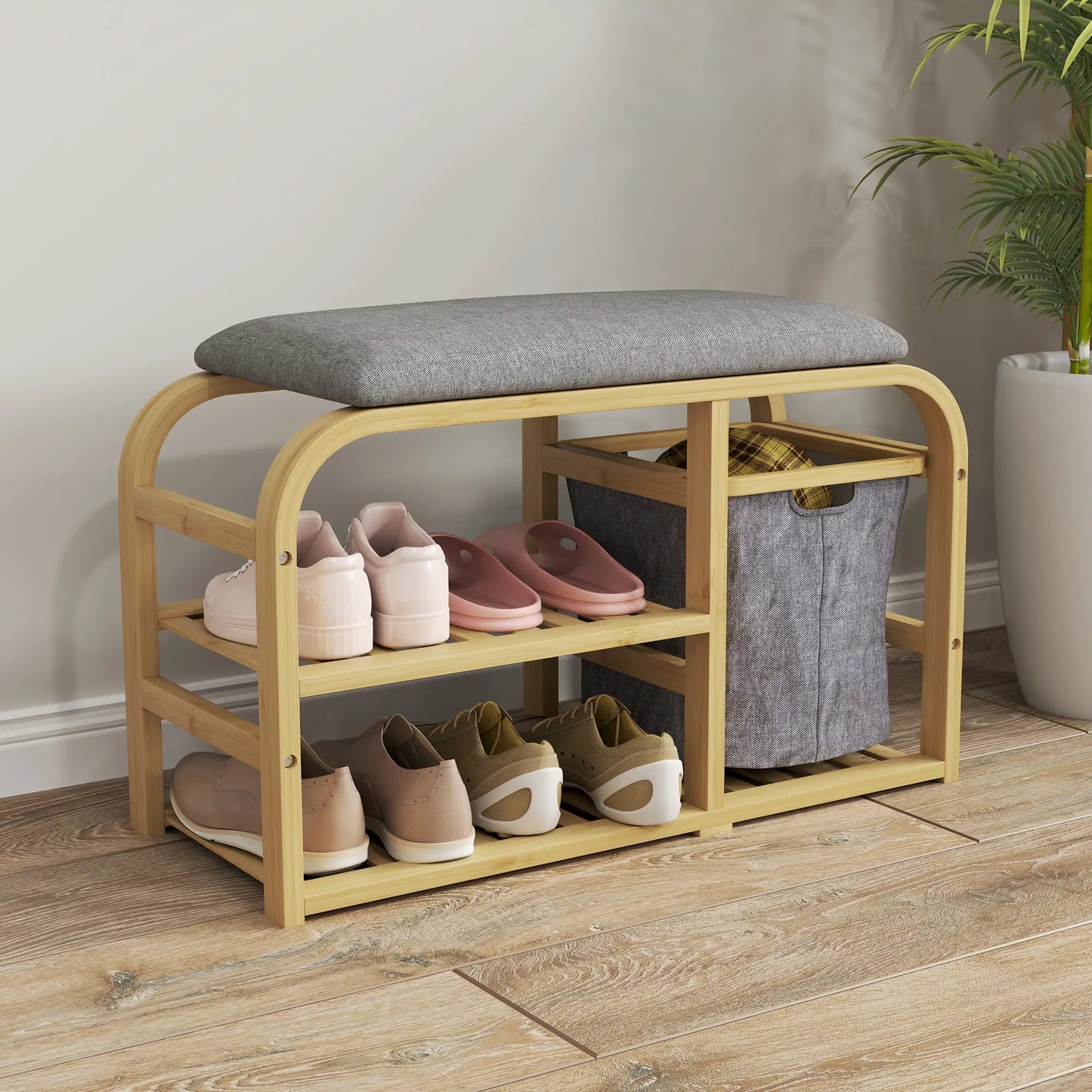 Bamboo Entryway Bench, Shoe Storage with Cushion, Slat Shelves, Pull-Out Basket Storage Ottomans & Benches at Gallery Canada
