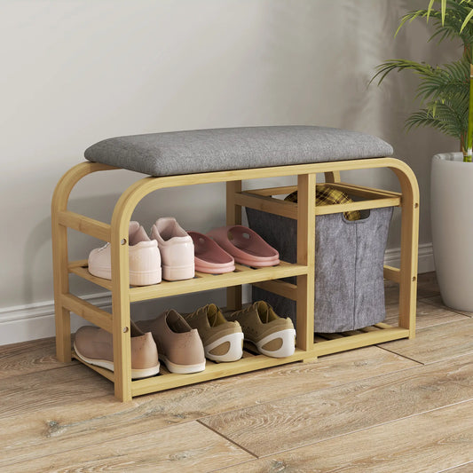 Bamboo Entryway Bench, Shoe Storage with Cushion, Slat Shelves, Pull-Out Basket Storage Ottomans & Benches Nature Wood, Grey at Gallery Canada