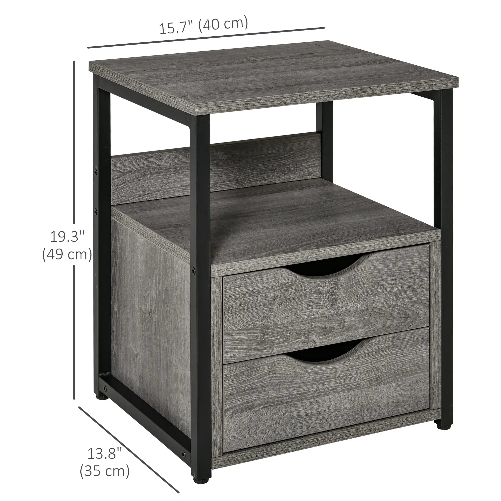 Industrial Nightstand, 2 Drawers with Storage Shelf, Grey Side Tables at Gallery Canada
