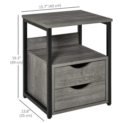 Industrial Nightstand, 2 Drawers with Storage Shelf, Grey Side Tables at Gallery Canada