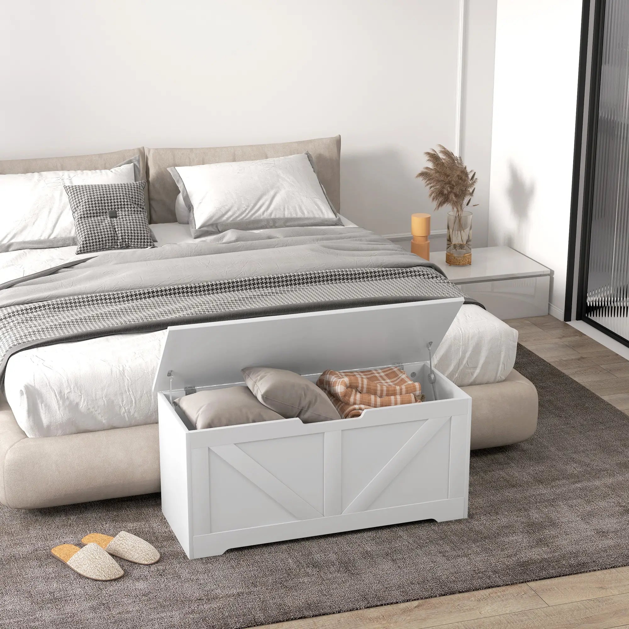 39.4 Inches Wooden Storage Chest, 2 Safety Hinges, White Wood Grain Storage Cabinets at Gallery Canada