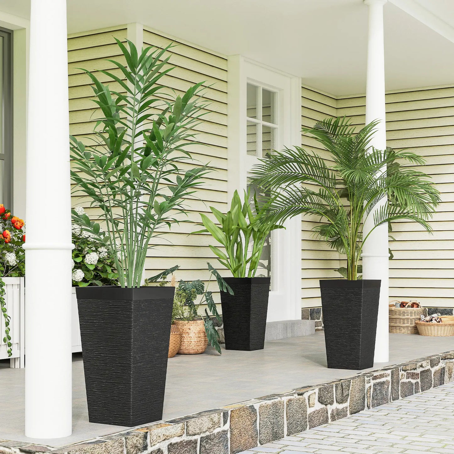 22.8" Tall Planters Set of 3, Stone Finish, Wheels, Drainage, Black Garden Accessories at Gallery Canada