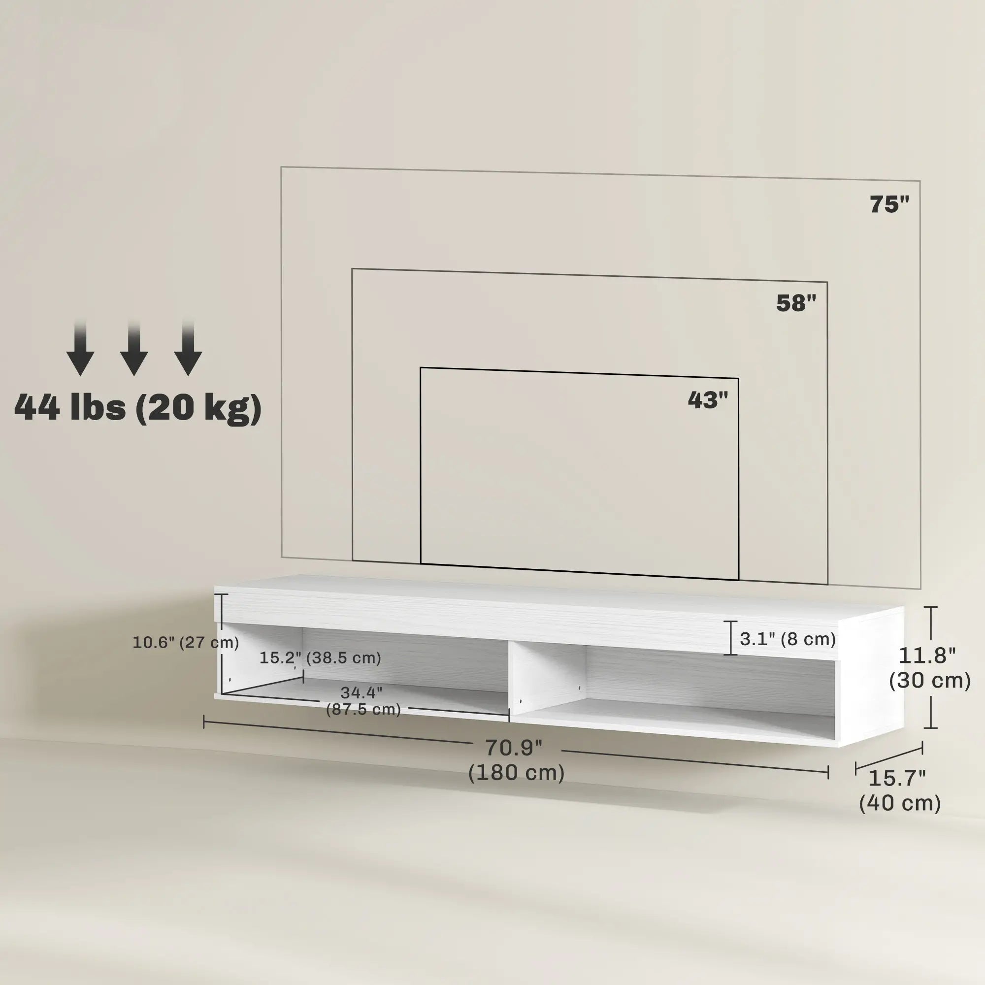 Wall Mounted TV Stand With Storage, LED Lights, For TVs Up To 75