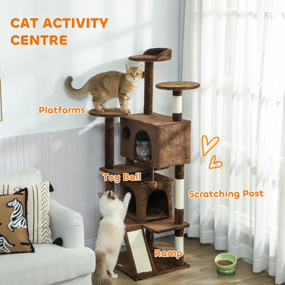63" Cat Tree, Multi-Level Tower With Scratching Posts, Light Brown