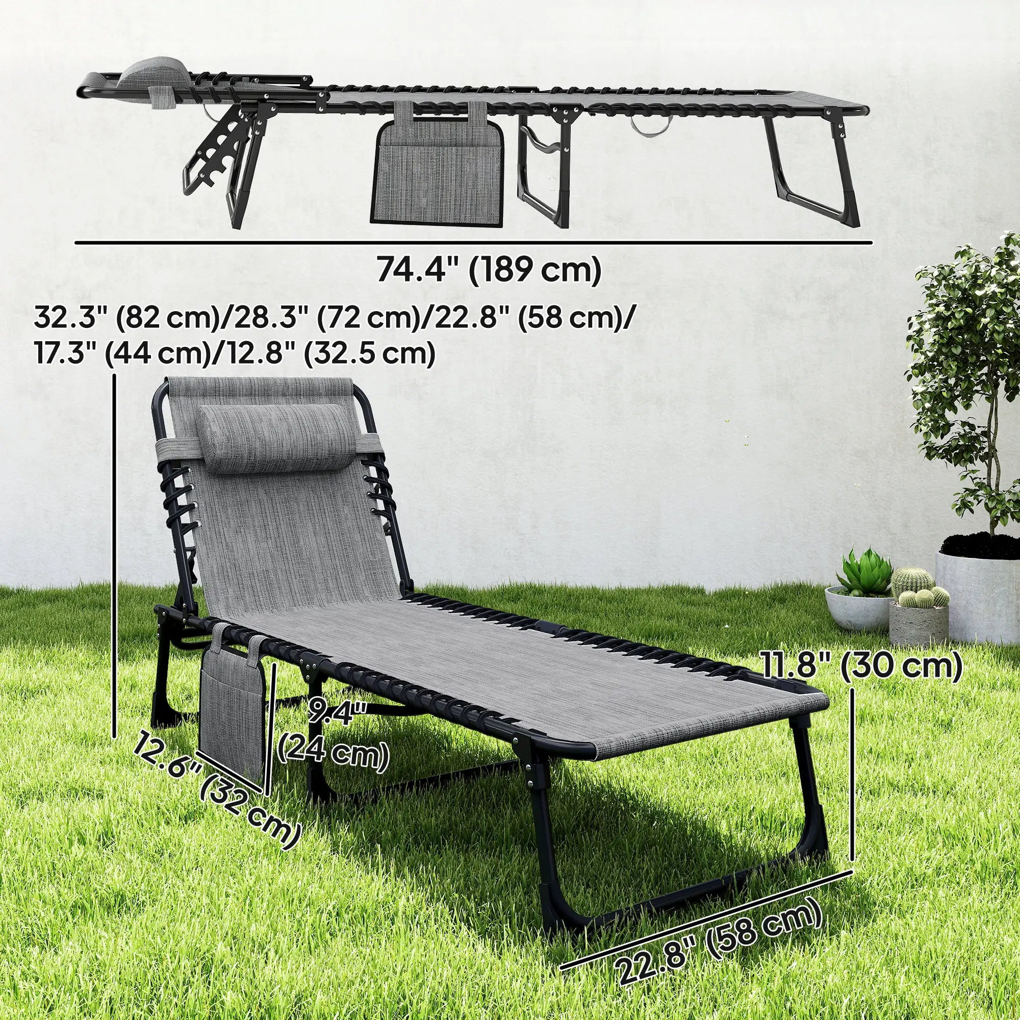 Outdoor Folding Chaise Lounge, Adjustable Backrest, Removable Pillow, Mixed Grey, Grey Lounger Chairs at Gallery Canada
