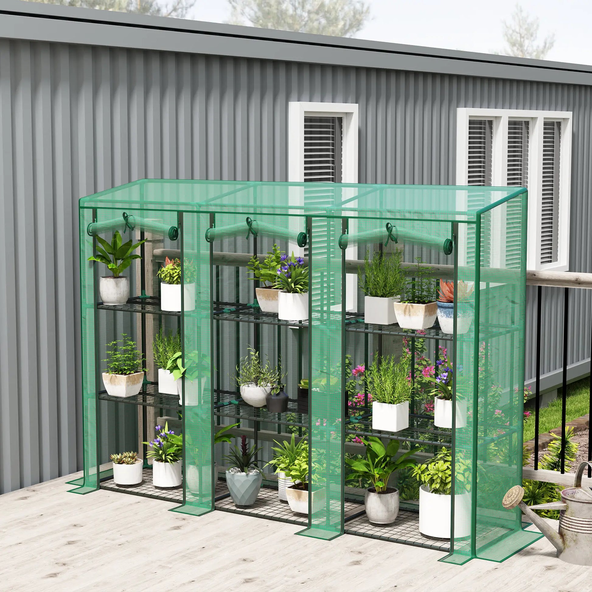 Lean-To Greenhouse, 3 Tier Shelves, 3 Roll-Up Doors, Indoor Outdoor, Green Greenhouses at Gallery Canada