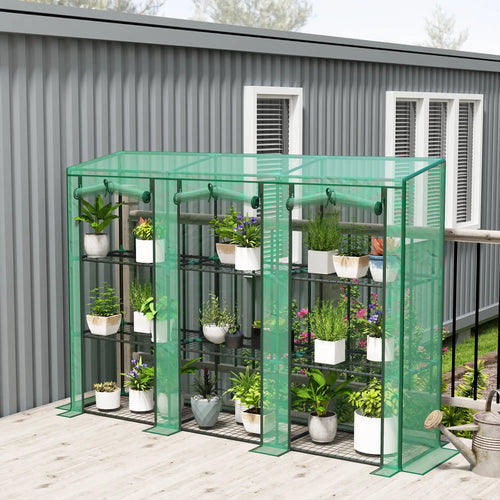 Lean-To Greenhouse, 3 Tier Shelves, 3 Roll-Up Doors, Indoor Outdoor, Green