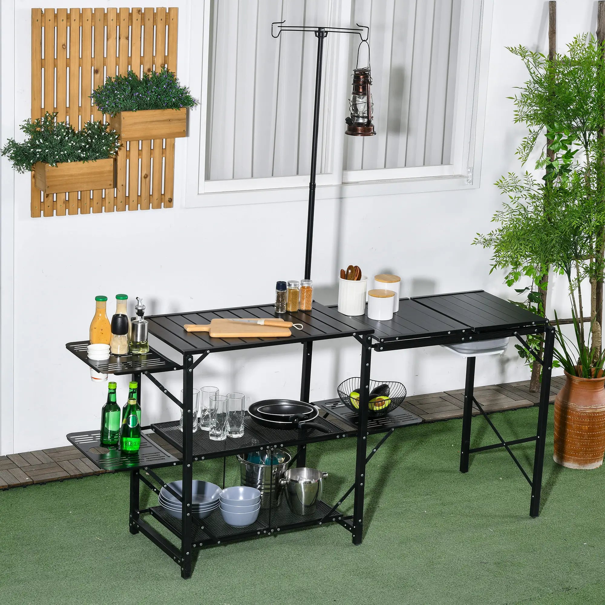 Folding Camping Kitchen, Portable Aluminum Cook Station, 3 Side Tables, 2 Shelves, Black Picnic Tables & Camping Chairs at Gallery Canada