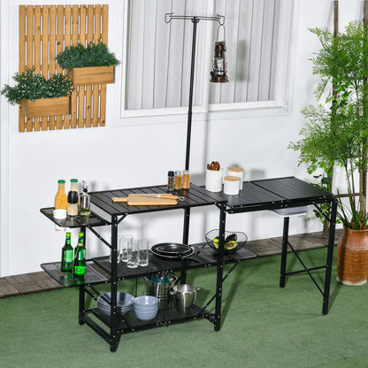 Folding Camping Kitchen, Portable Aluminum Cook Station, 3 Side Tables, 2 Shelves, Black Picnic Tables & Camping Chairs at Gallery Canada