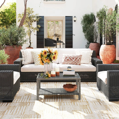 35" Outdoor Wicker Coffee Table, Glass Top, Storage Shelf, Dark Grey Coffee Tables at Gallery Canada