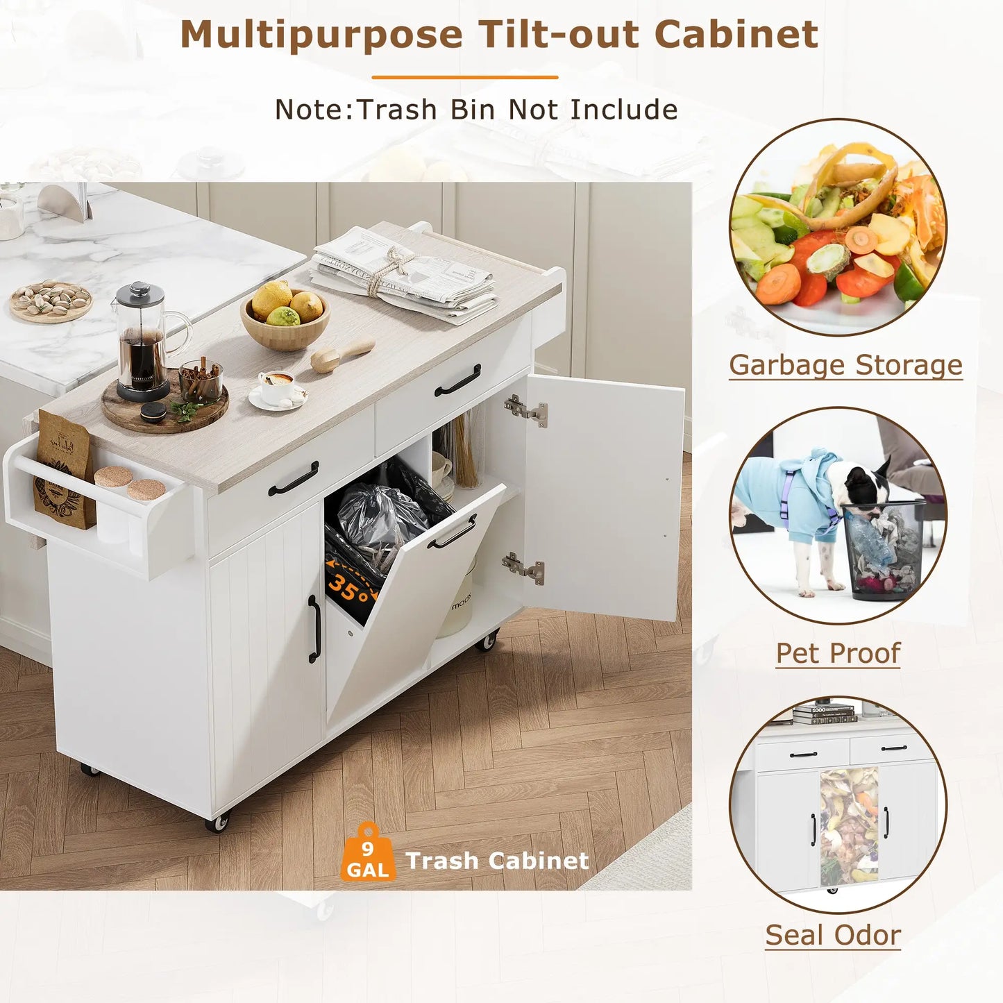 Kitchen Island with Tilt-Out Trash Cabinet, Adjustable Shelf, 51" L x 20" W x 35" H, White Kitchen Islands & Kitchen Carts at Gallery Canada