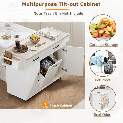 Kitchen Island with Tilt-Out Trash Cabinet, Adjustable Shelf, 51" L x 20" W x 35" H, White Kitchen Islands & Kitchen Carts at Gallery Canada