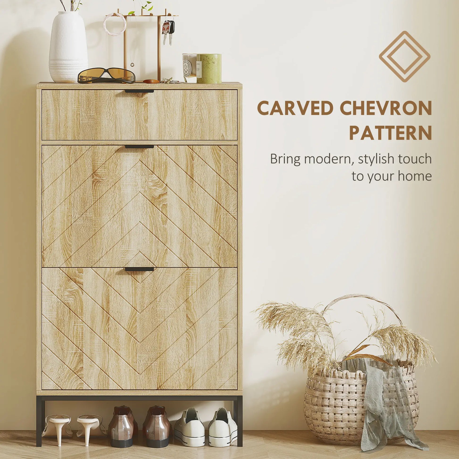 Narrow Shoe Storage Cabinet, Flip Drawers, Adjustable Shelves, Holds 8 Pairs, Oak Shoe Storage Cabinets & Racks at Gallery Canada