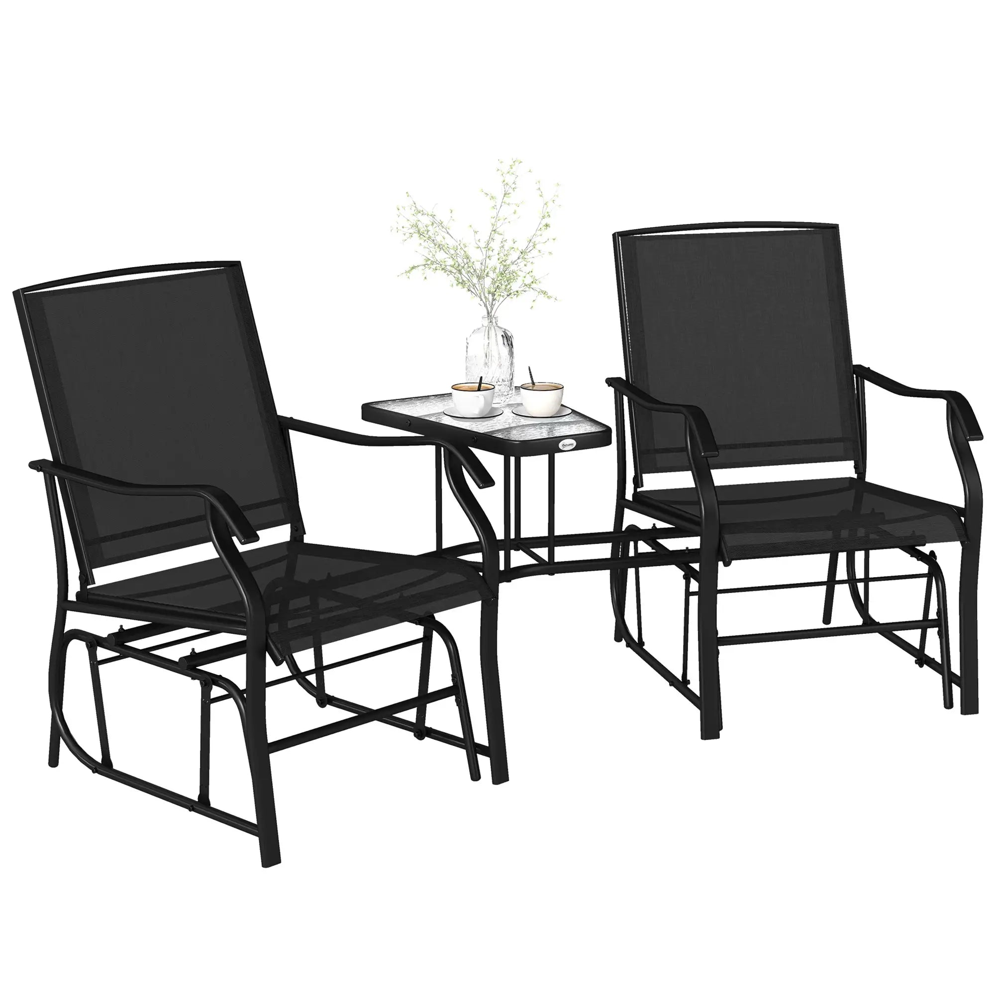 Double Glider Chair with Glass Table, Outdoor High Back, Black Outdoor Gliders Black at Gallery Canada