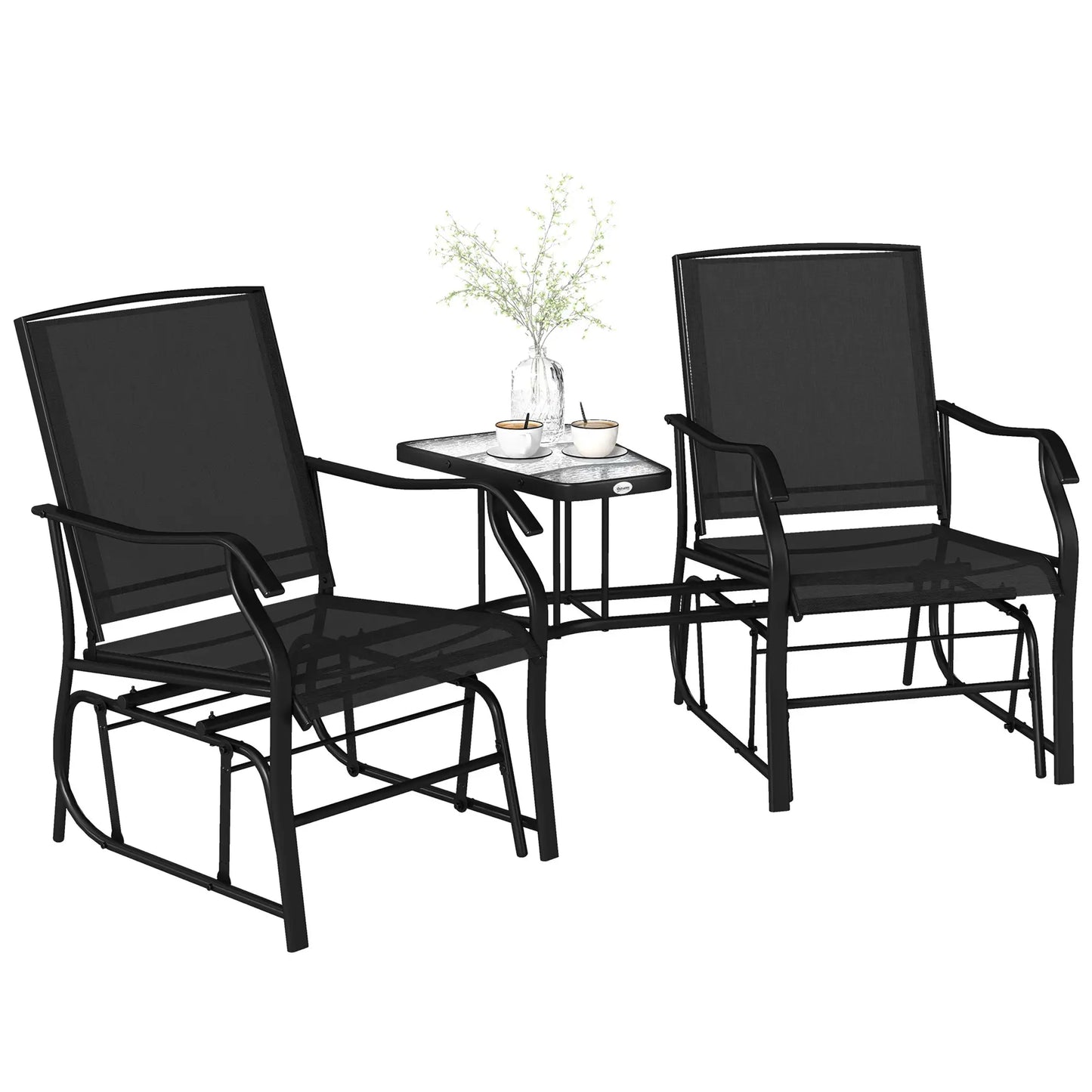 Double Glider Chair with Glass Table, Outdoor High Back, Black Outdoor Gliders Black at Gallery Canada