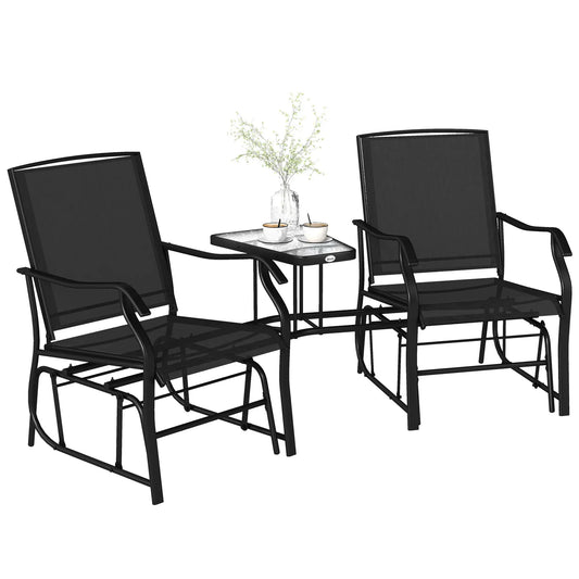 Double Glider Chair with Glass Table, Outdoor High Back, Black Outdoor Gliders Black at Gallery Canada