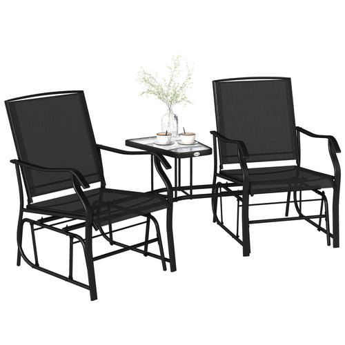 Double Glider Chair with Glass Table, Outdoor High Back, Black