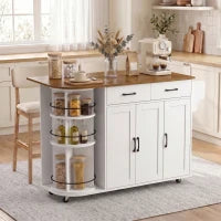 53" Kitchen Island with Outlet, Drop Leaf, Cart on Wheels, White