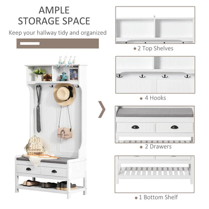 Coat Rack Shoe Bench, Entryway Storage with 4 Hooks, 2 Drawers, 2 Shelves, White Clothing Storage at Gallery Canada