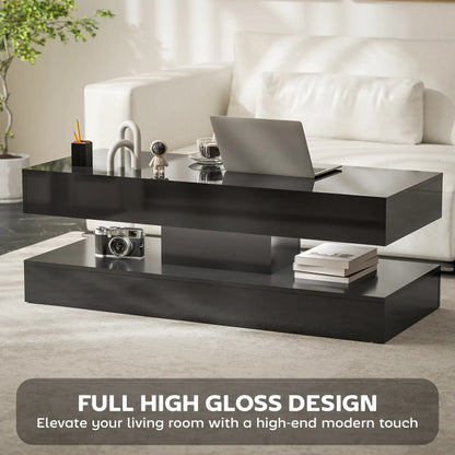 Adjustable LED Coffee Table, Modern Living Room Table, 2 Drawers, Open Shelf, Remote, High Gloss Black Coffee Tables at Gallery Canada