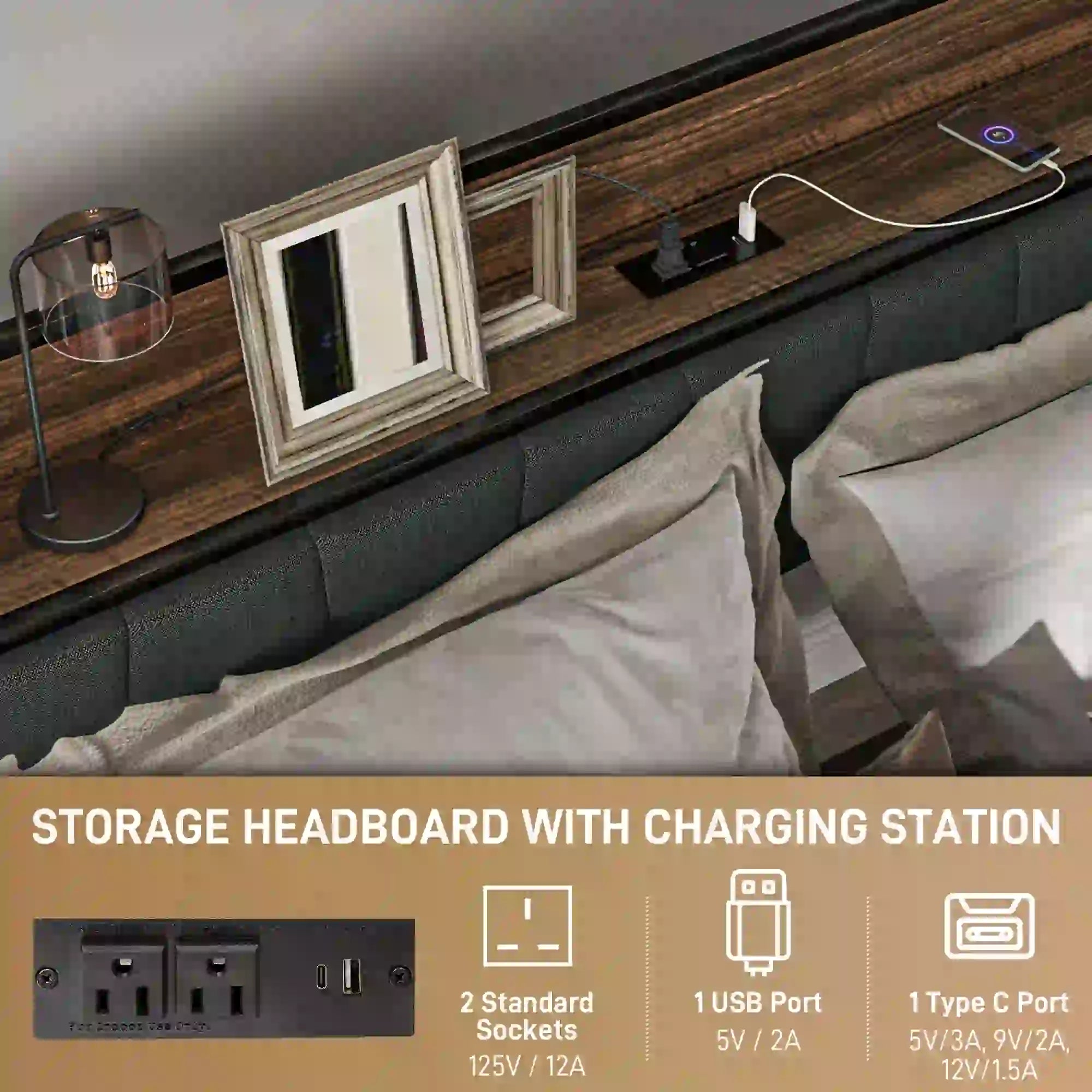 Queen Size Bed Frame, Upholstered Headboard, Storage Shelf, Walnut Bedroom Furniture at Gallery Canada