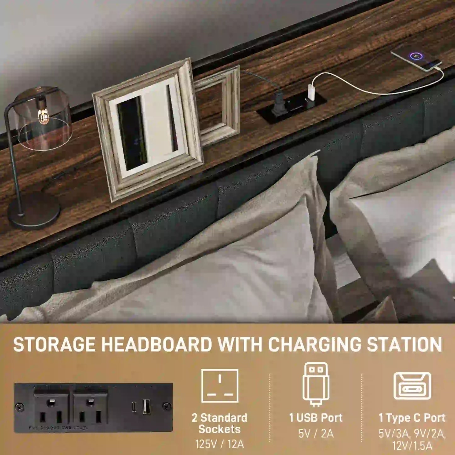 Queen Size Bed Frame, Upholstered Headboard, Storage Shelf, Walnut Bedroom Furniture at Gallery Canada