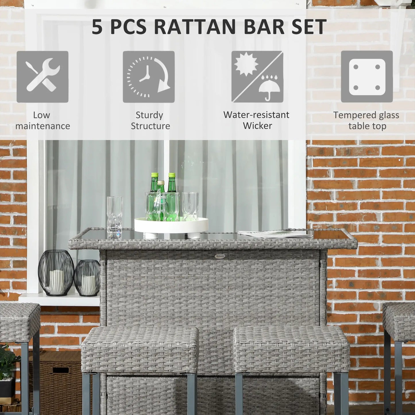 5 Pcs Patio Bar Set, Outdoor PE Rattan Wicker, 4 Chairs, Grey Bistro Sets at Gallery Canada