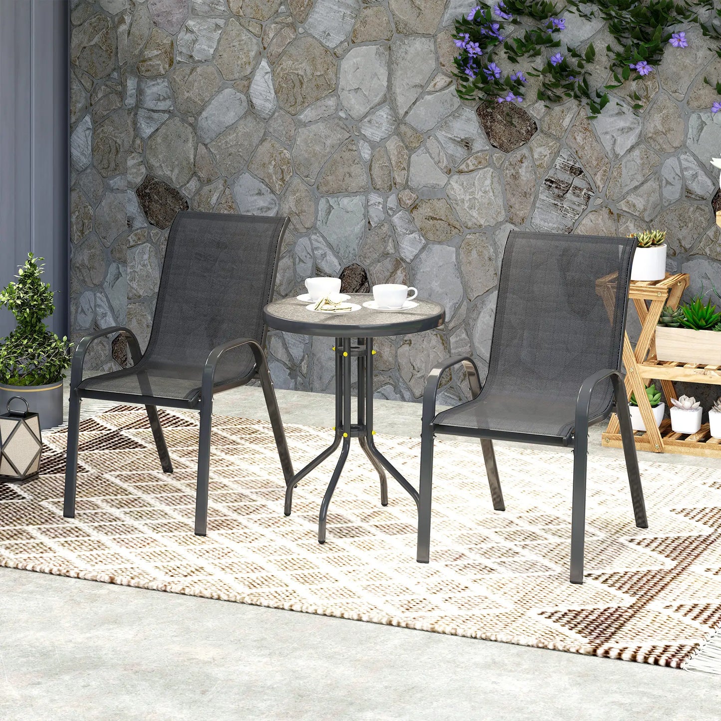 3 Piece Bistro Set, Stackable Mesh Chairs, Glass Table, Black Bistro Sets at Gallery Canada