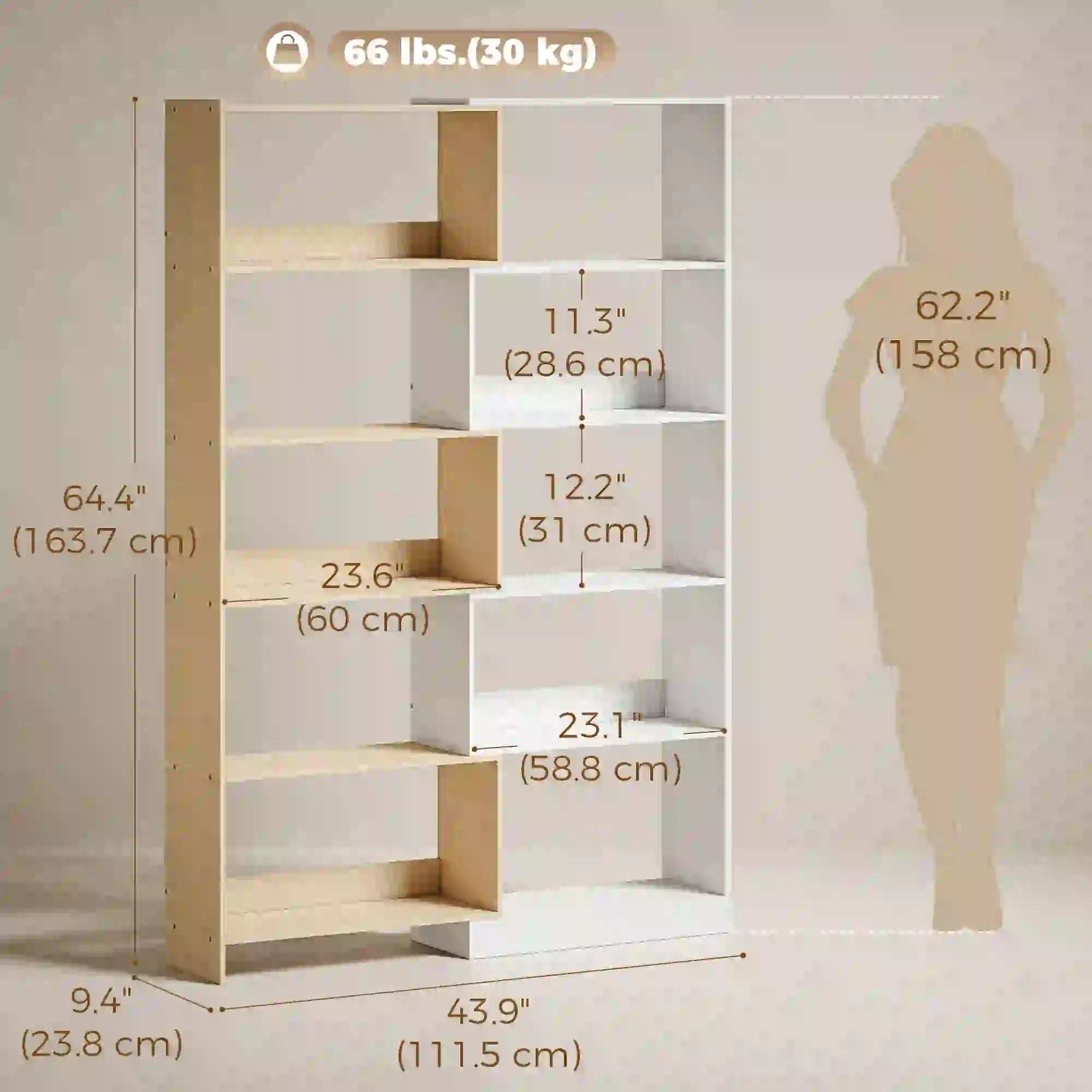 Corner Bookshelf, 5-Tier L-Shaped Bookcase with 350° Rotating Design, Two-Tone Design, Fruitwood/White Display Bookshelves at Gallery Canada