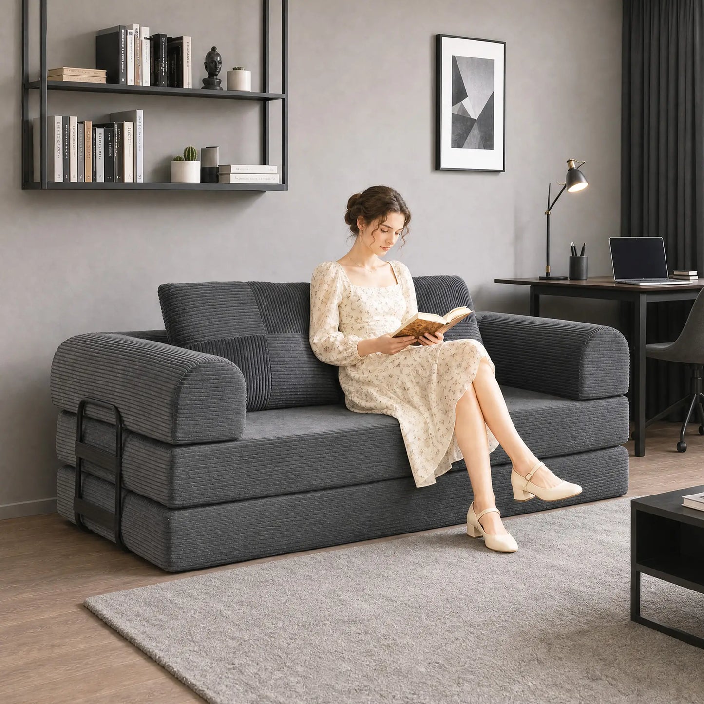 Canapé-lit convertible 5-en-1, causeuse en forme de L, gris foncé, gris foncé