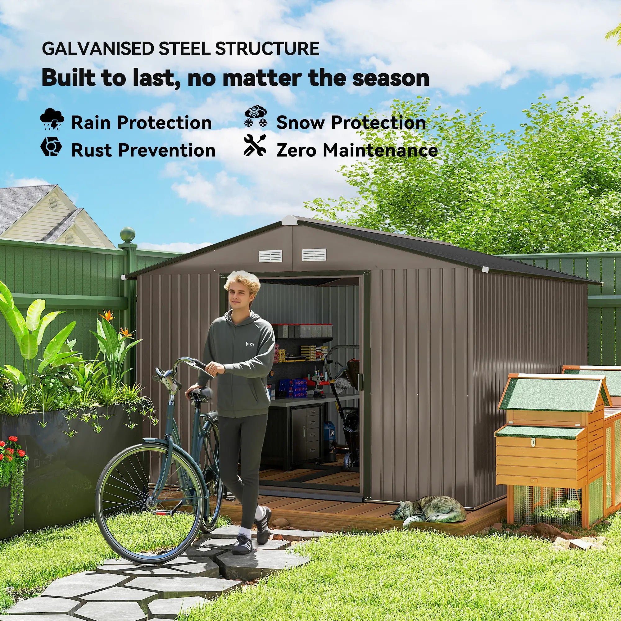 9' x 10.6' Garden Storage Shed, Foundation Kit, Metal Tool House, Double Doors, Brown Sheds at Gallery Canada