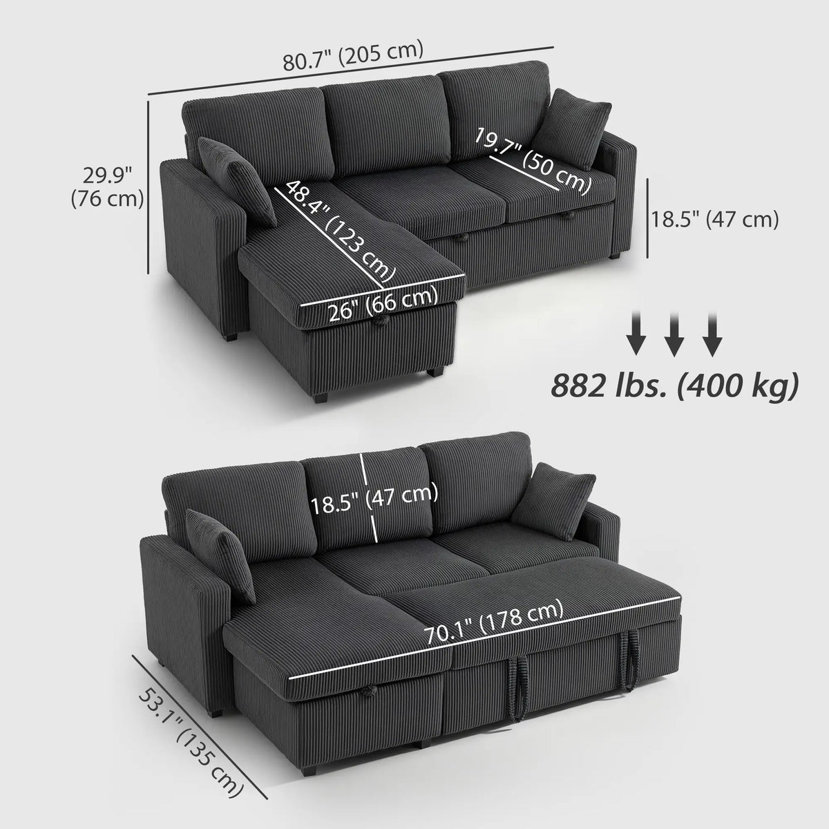 81" Sofa Bed, Pull Out Sleeper with Storage, Corduroy Convertible Couch, Dark Grey Sofas & Reclining Chairs at Gallery Canada