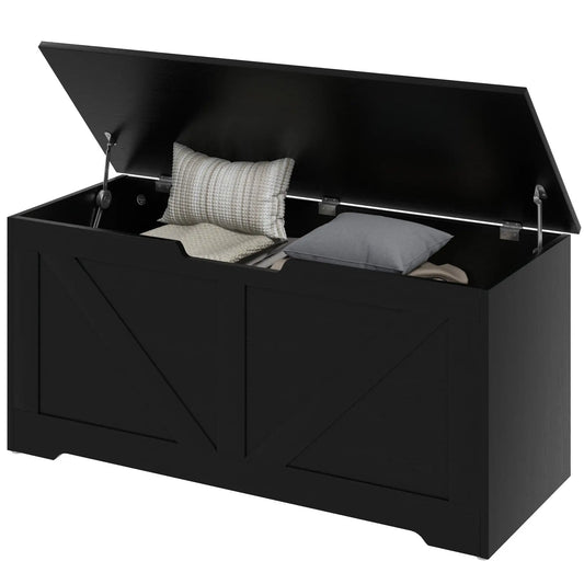 39.4 Inches Storage Chest, Wooden Box with Safety Hinges, Wood Grain, Black Storage Cabinets Black Wood Grain at Gallery Canada