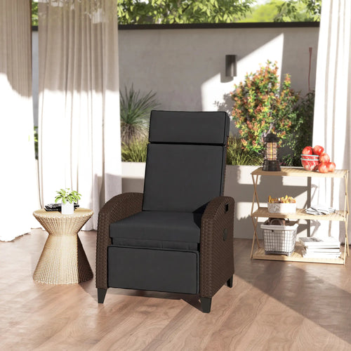 Outdoor Recliner Chair, Adjustable Backrest, Cushion, Side Tray, Black